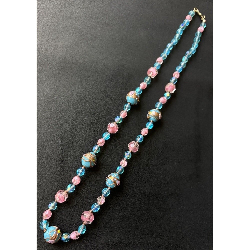 Vintage Venetian Murano Wedding Cake Glass Beaded Necklace Blue Pink 27"